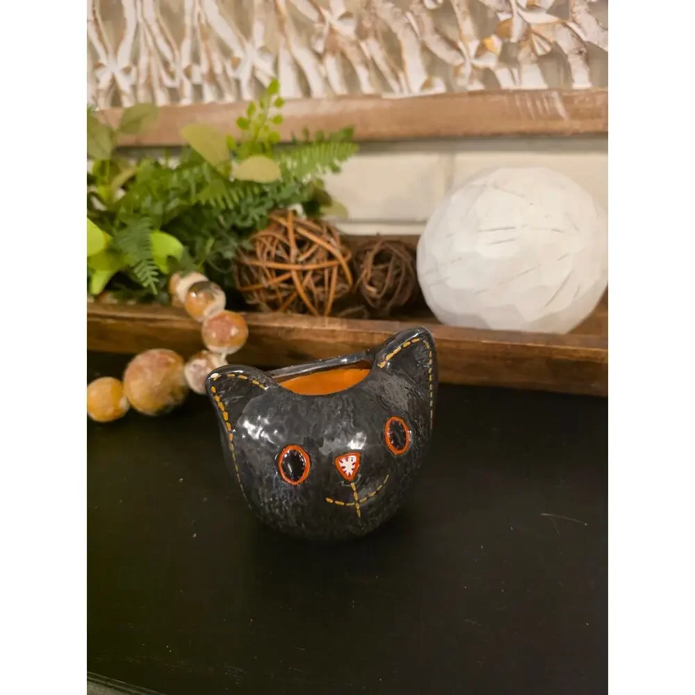 Halloween Black Kitty Cat Jar Orange Candle Holder Planter Candy Bowl Small
